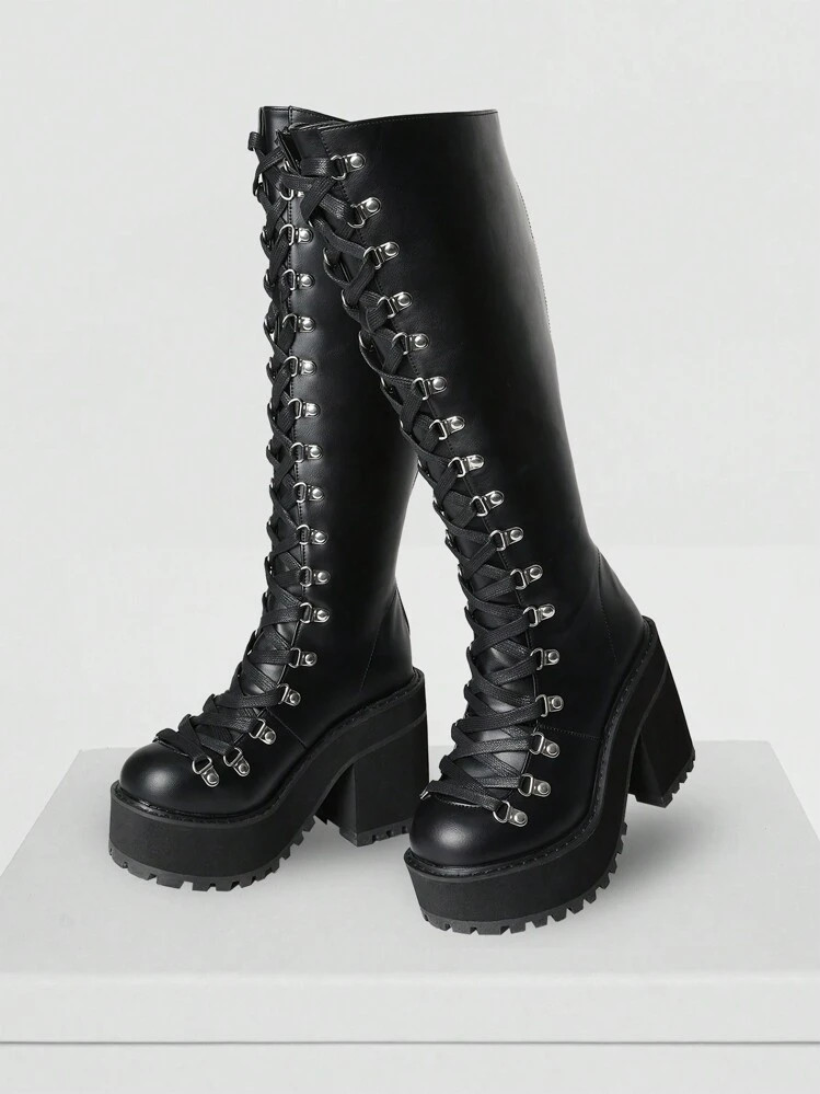 Womens Platform Boots Goth Combat Punk Fashionable Knee High Boot Round Toe Chunky High Heel Lace Up Zipper Pull On Party Wedding Dressy Gifts Spring Nightclub Halloween Festival Cosplay Riding Gothic Long Booties Motorcycle Shoes | SHEIN