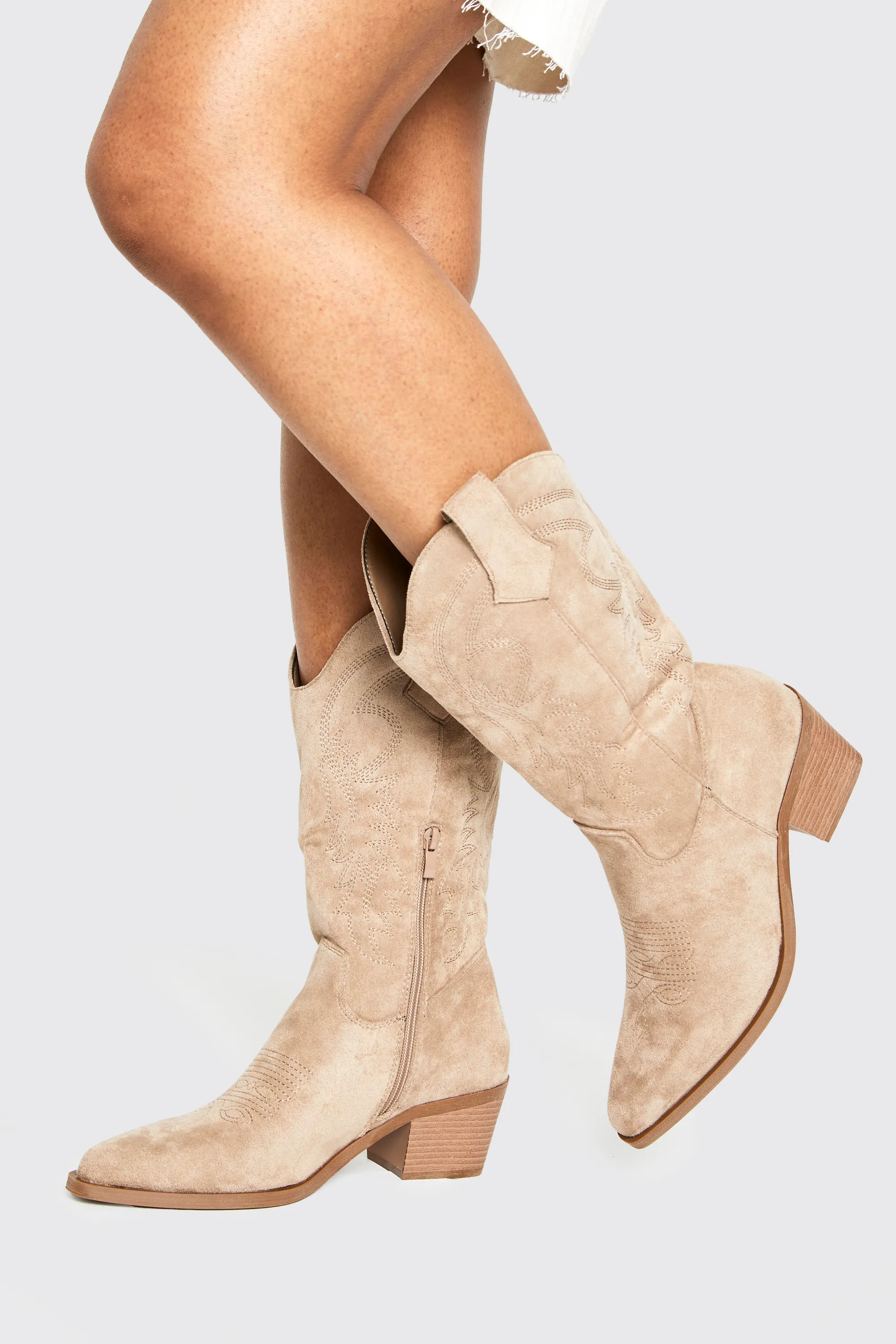 Boots | Faux Suede Embroidery Detail Calf High Western Boots | boohoo | Boohoo.com (UK & IE)