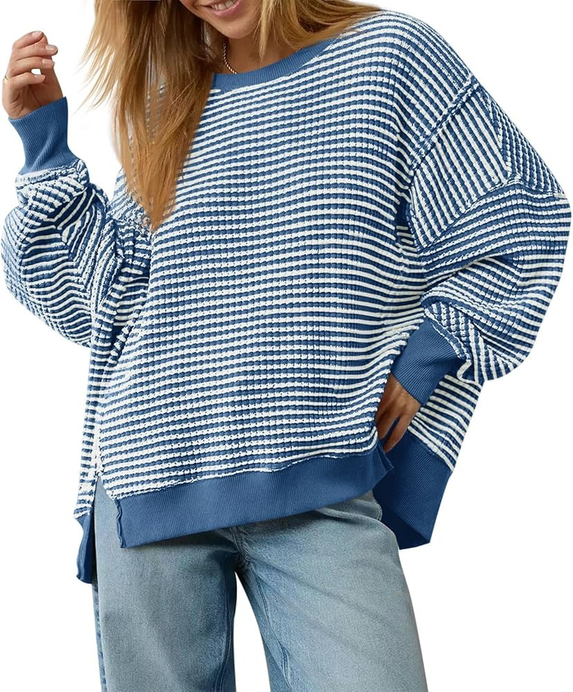 Fisoew Women's Fall Oversized Sweatshirt Casual Waffle Knit Long Sleeve Crewneck Split Pullover T... | Amazon (US)