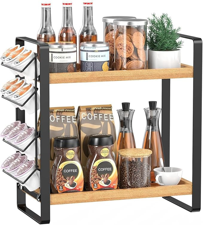 LEMIKKLE Coffee Station Organizer for Counter,Condiment Storage Caddy for Kitchen,2 Tier Wooden S... | Amazon (US)