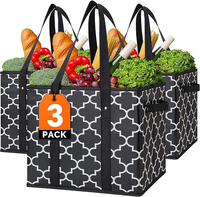 WISELIFE Reusable Grocery Bags 3-Pack Foldable Washable Large Storage Bins Basket Water Resistant... | Amazon (US)