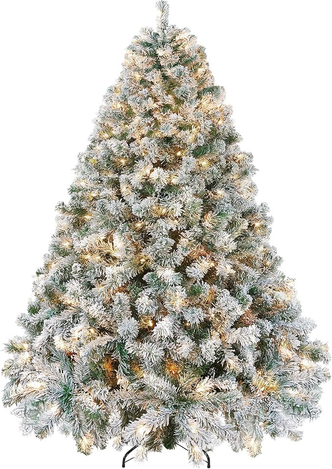 Yaheetech 7.5ft Pre-lit Artificial Christmas Tree with Incandescent Warm White Lights, Snow Flock... | Amazon (US)