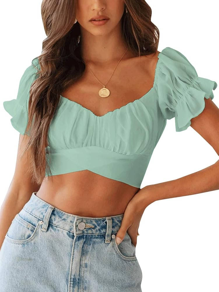 LYANER Women's Ruffle Short Sleeve Tie Up Back Crop Top Off Shoulder Bardot Blouse | Amazon (US)