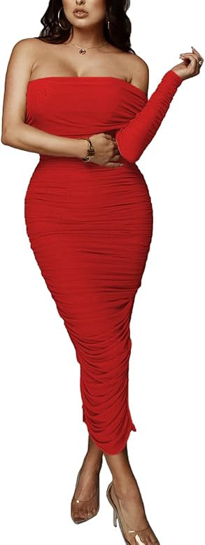 Pofash Women's One Shoulder Sleeveless Mesh Ruched Cocktail Club Party Midi Bodycon Dress | Amazon (US)