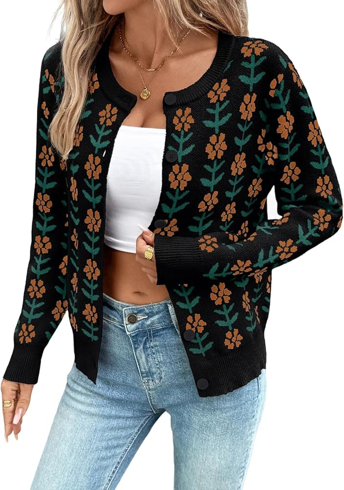 Sidefeel Women's Button Down Cardigan Sweater Long Sleeve Cute Floral Printed Cropped Sweater Coa... | Amazon (US)