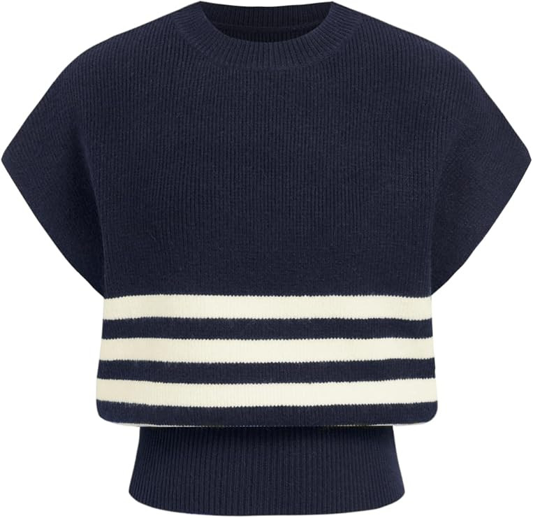 CIDER Womens Sweater Vest Crop Striped Crew Neck Cap Sleeve Tank Tops | Amazon (US)