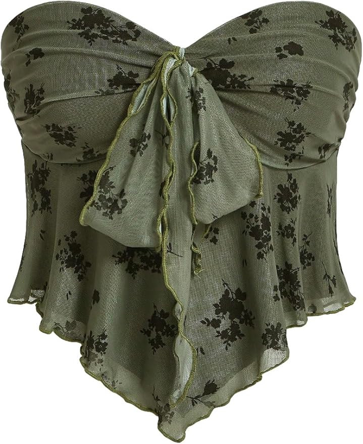 SHENHE Women's Floral Strapless Tie Front Lettuce Trim Asymmetrical Flare Boho Tube Top | Amazon (US)