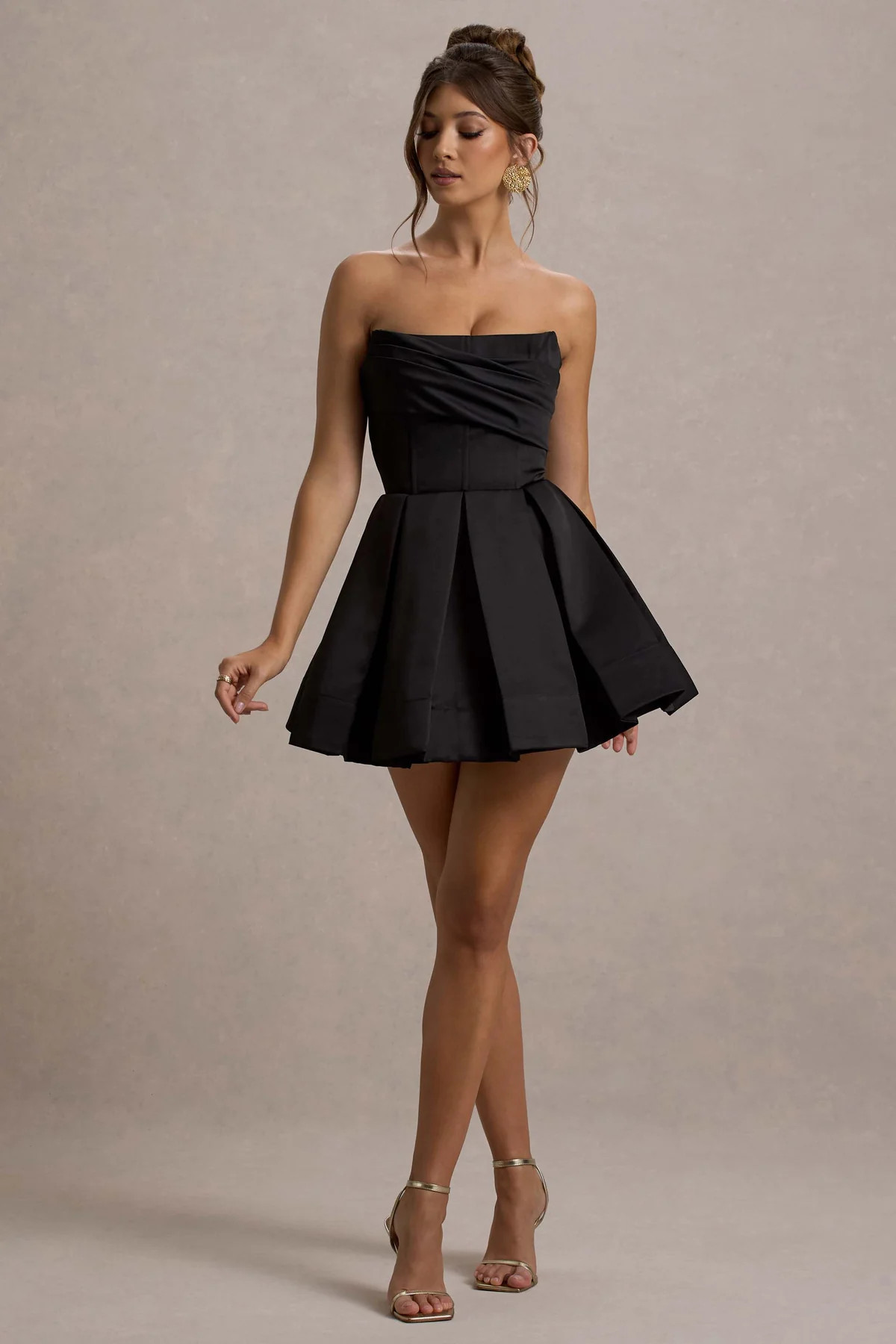 Saira | Black Satin Strapless Skater Mini Dress | Club L London
