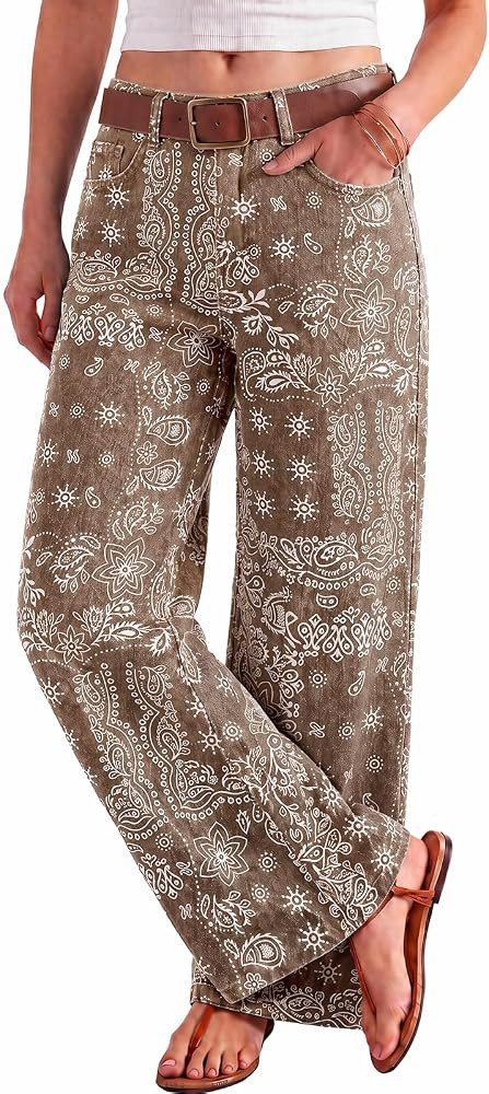 Tankaneo Womens Wide Leg Bandana Jeans Floral Print High Waist Denim Pants | Amazon (US)
