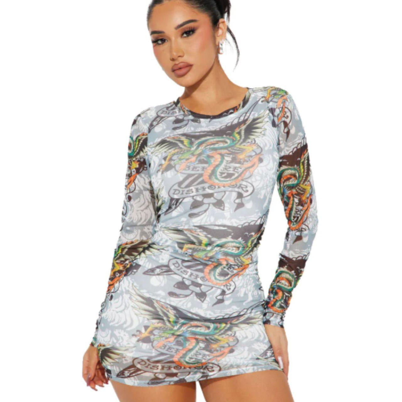 Ed Hardy Women's Mini Dress - Multi/Grey - L | Depop US