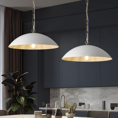 Ludil 20" Modern Large Pendant Light, Matte White Farmhouse Pendant Lights Kitchen Island, Mid Century Modern Metal Pendant Lighting Fixture for Kitchen Living Room Dining Room Bedroom Café(2 Pack) | Amazon (US)
