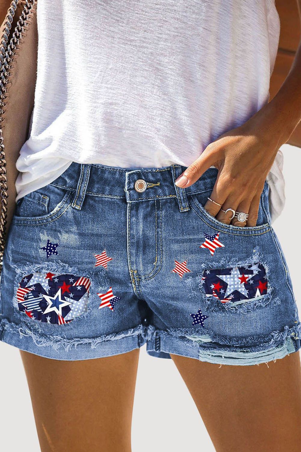 American Flag Star Ripped Denim Shorts | Evaless