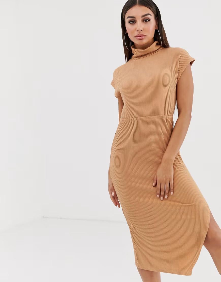 ASOS DESIGN midi rib dress with high neck-Beige | ASOS (Global)