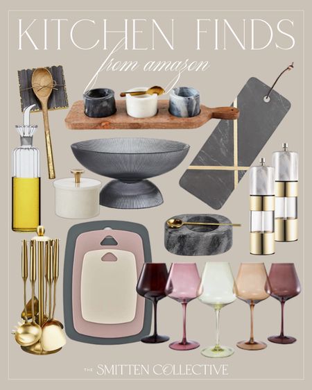 Amazon kitchen finds include colored crystal wine glasses, cutting board set, olive oil dispenser, marble cutting board, salt cellar, salt and pepper cellar, gold cooking utensil set, salt and pepper grinder, bowls and tray set, glass fruit bowl, marble spoon rest

Home decor, kitchen decor, kitchen finds, kitchen gadgets, Amazon finds

#LTKstyletip #LTKfindsunder100 #LTKhome