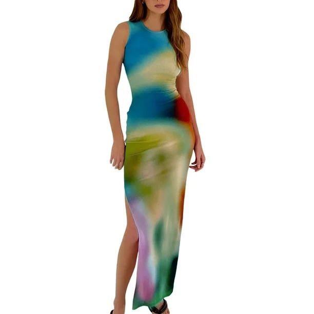 Womens Sexy Ribbed Tie Dye Slim Fit Side Split Maxi Dress Summer Evening Party Bodycon Long Dress | Walmart (US)