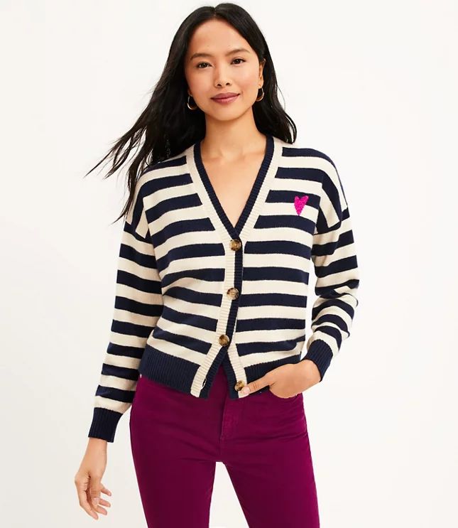 Petite Heart Stripe V-Neck Cardigan | LOFT