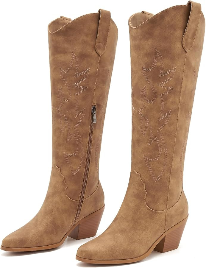 ZXHYZLZ Women’s Western Cowboy Boots - Knee-High, Wide Calf Cowgirl Boots with Side Zip and Emb... | Amazon (US)