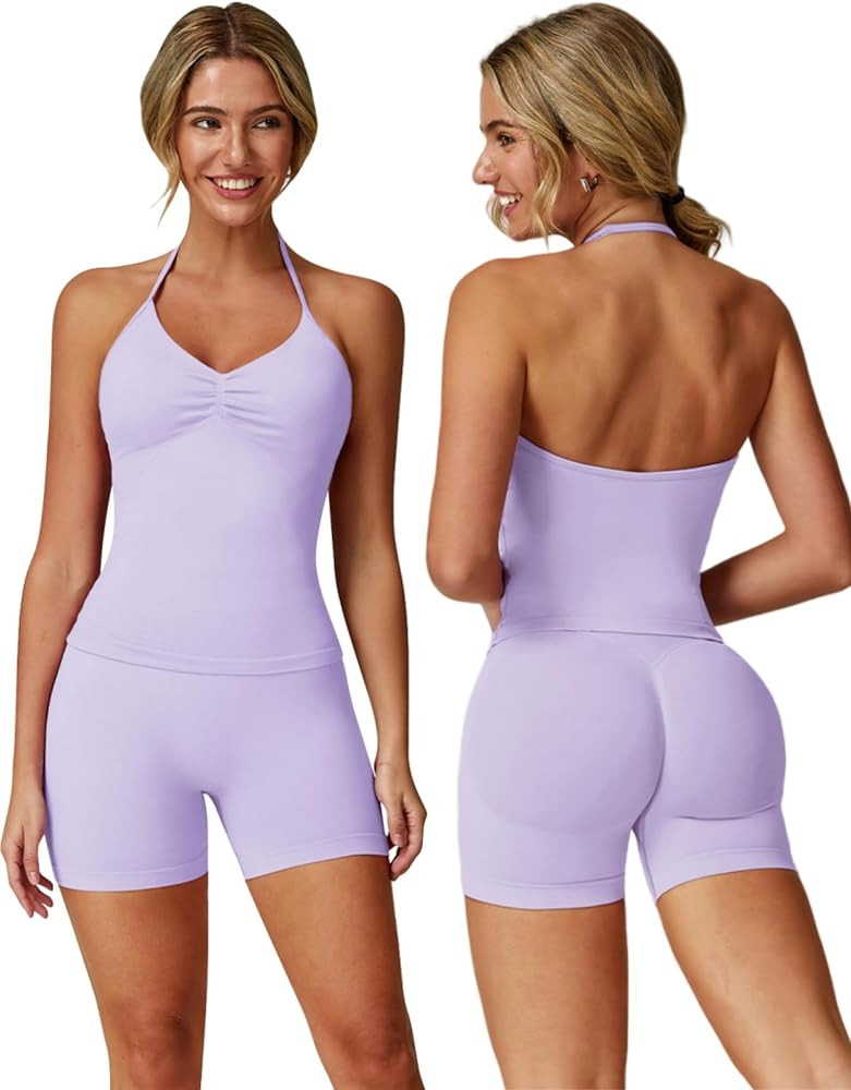 ABOCIW Workout Sets for Women 2 Piece Seamless Impact Longline Strappy Top Scrunch Butt High Wais... | Amazon (US)