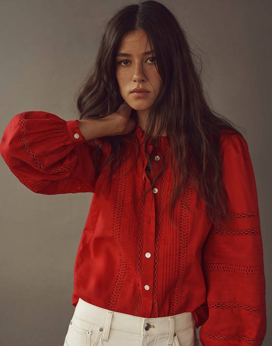 High-Neck Lace-Insert Pintuck Top | Madewell