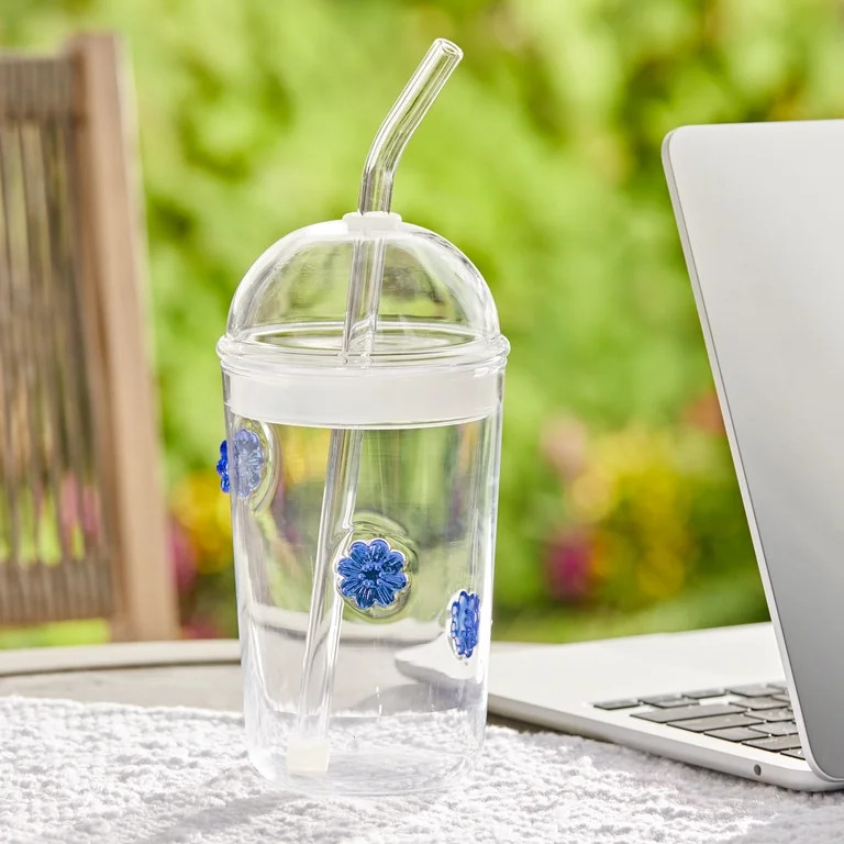 Better Homes & Gardens Glass Sipper Blue Floral Icon with Glass Lid | Walmart (US)