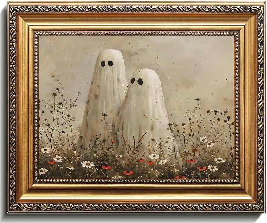 uniro Vintage Gold Framed Wall Art, Vintage Cute Ghosts in Wildflower Meadow Canvas Painting, Spo... | Amazon (US)