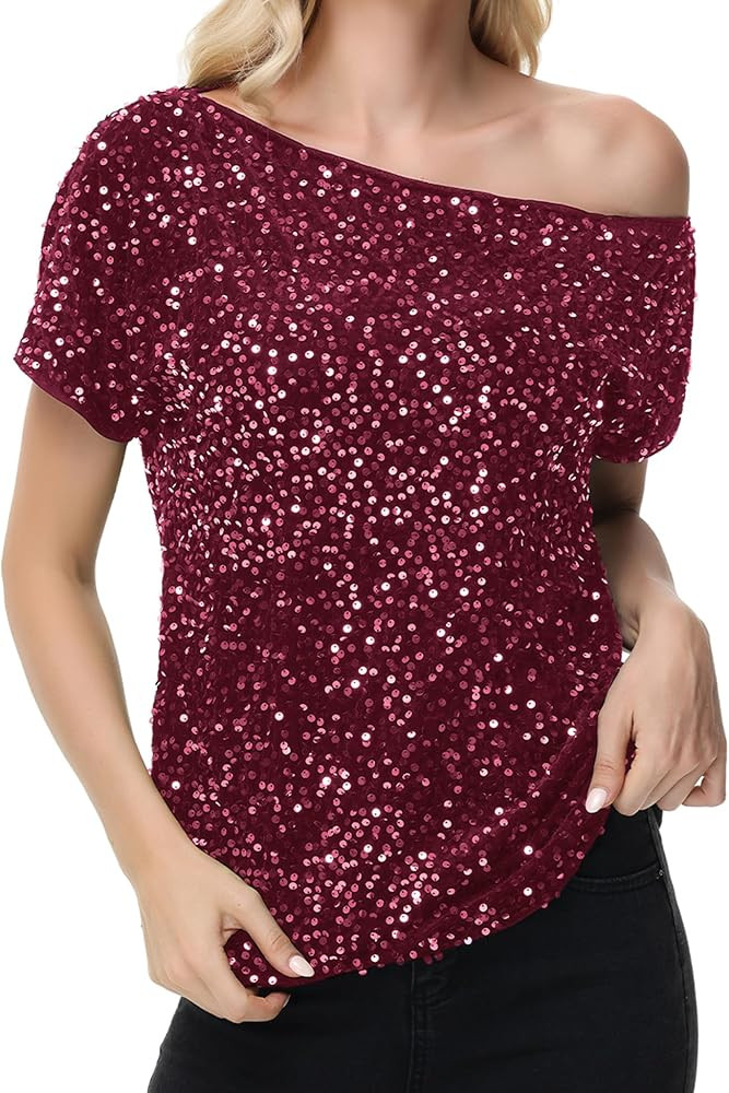 Anna-Kaci Women's Sequin One Shoulder Short Sleeve Top Party Club Sparkle Glitter Concert Tunic B... | Amazon (US)