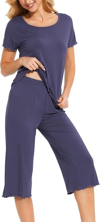 LazyCozy Pajamas for Women - Viscose made from Bamboo, Summer Short Sleeve Top with Capri Pants 2... | Amazon (US)