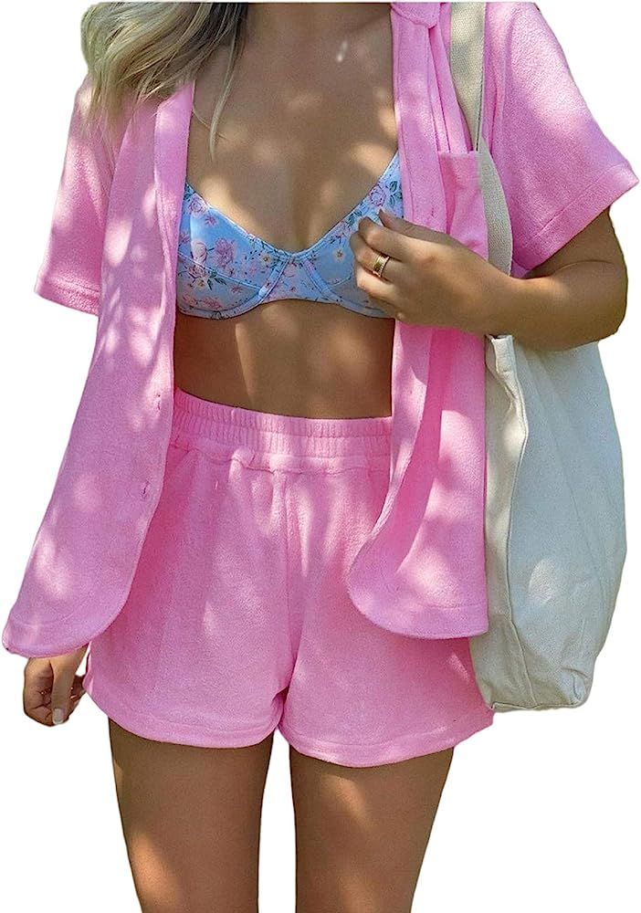 Women's Fleece Short Sleeve Button Down Collar Shorts Two Piece Pajama Set Nightwear Sleepwear Be... | Amazon (US)