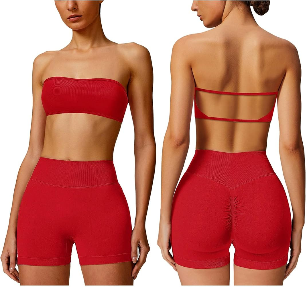 ABOCIW Workout Sets for Women Backless Bandeau Sports Bra Seamless Scunch Butt Lifting High Waist... | Amazon (US)