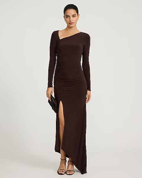 Jersey Long Sleeve Asymmetrical Ruched Midi Dress | Express