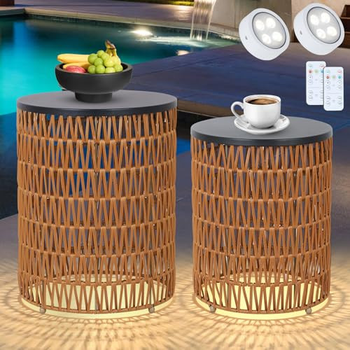 HMVPL Outdoor Side End Table with Dimmable Light Remote Control,2-Pack Small Round Patio Table wi... | Amazon (US)