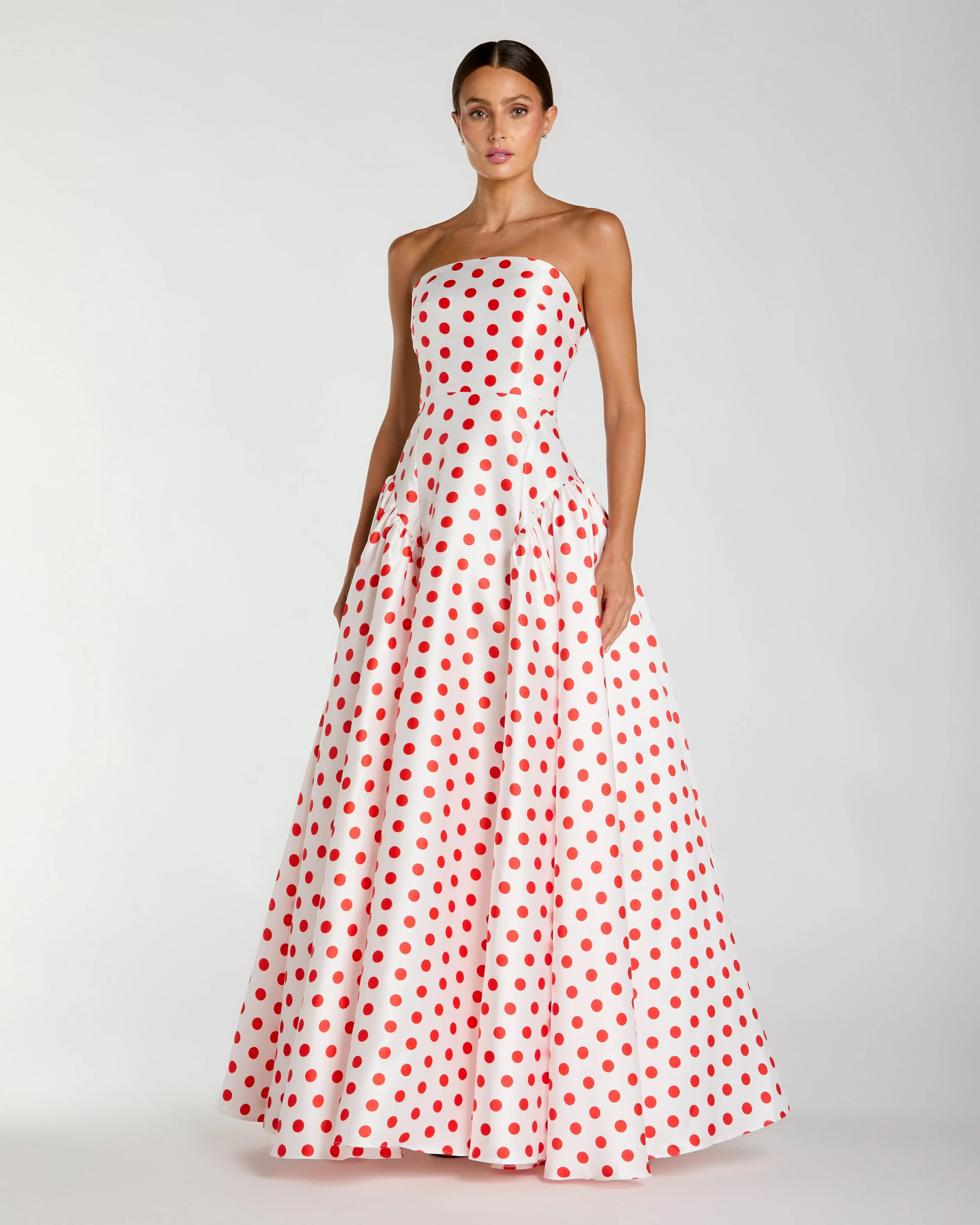 White Strapless Polka Dot Mikado Ball Gown | Mac Duggal | Mac Duggal