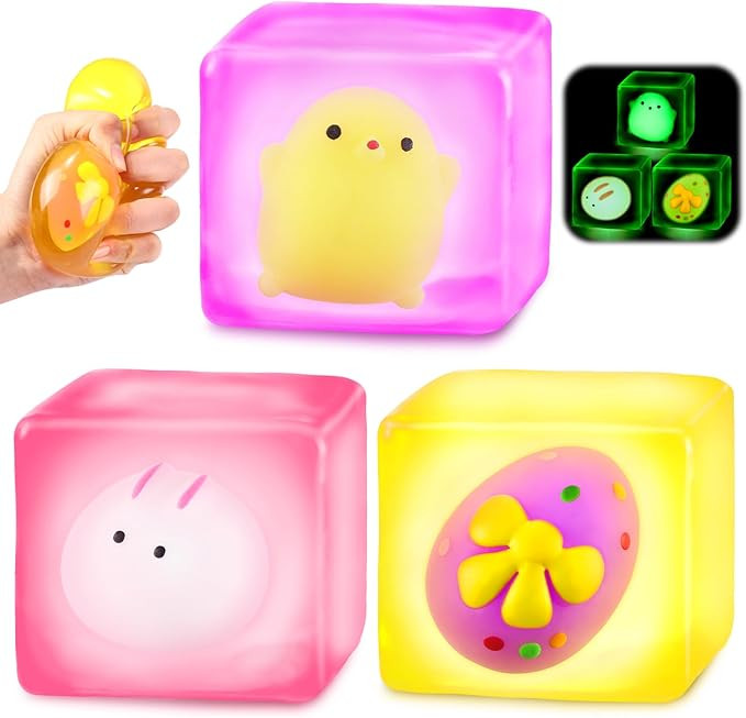 3Pcs Easter Squishy Stress Cube Fidget Toys Glow in The Dark Cute Sensory Toys Squeeze Cube with ... | Amazon (US)