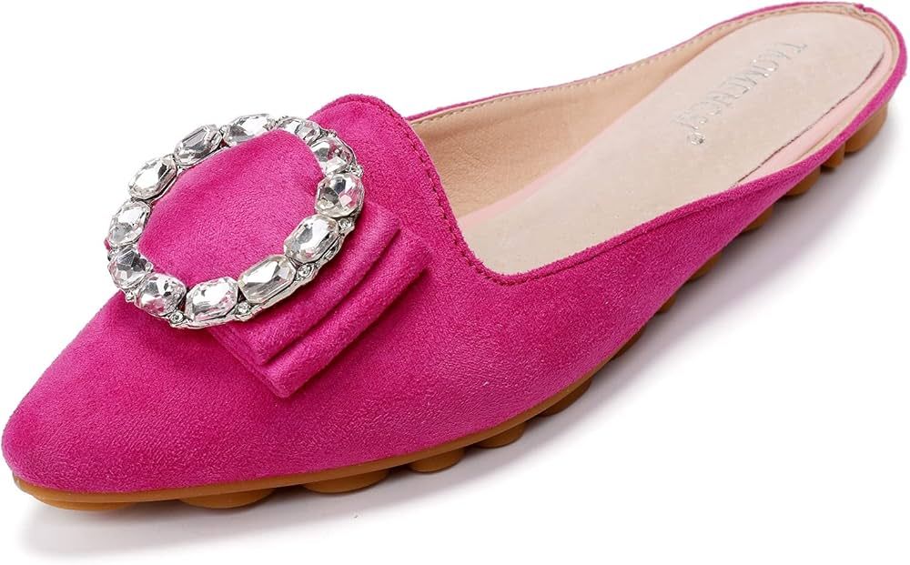VYKF Women's Pointed Toe Rhinestone Mules Shoes Slip on Comfortable Suede Backless Walking Slipper C | Amazon (US)
