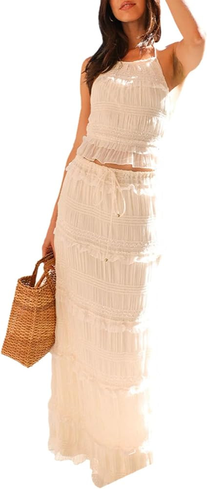 Wuitrie Women 2 Piece Outfits Sleeveless Tops Pleated Flowy Ruffle Maxi Skirt Casual Vacation Set... | Amazon (US)