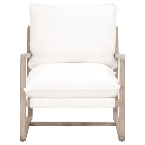 Myung Rustic Lodge White Performance Boucle Natural Grey Oak Wood Arm Chair | Kathy Kuo Home
