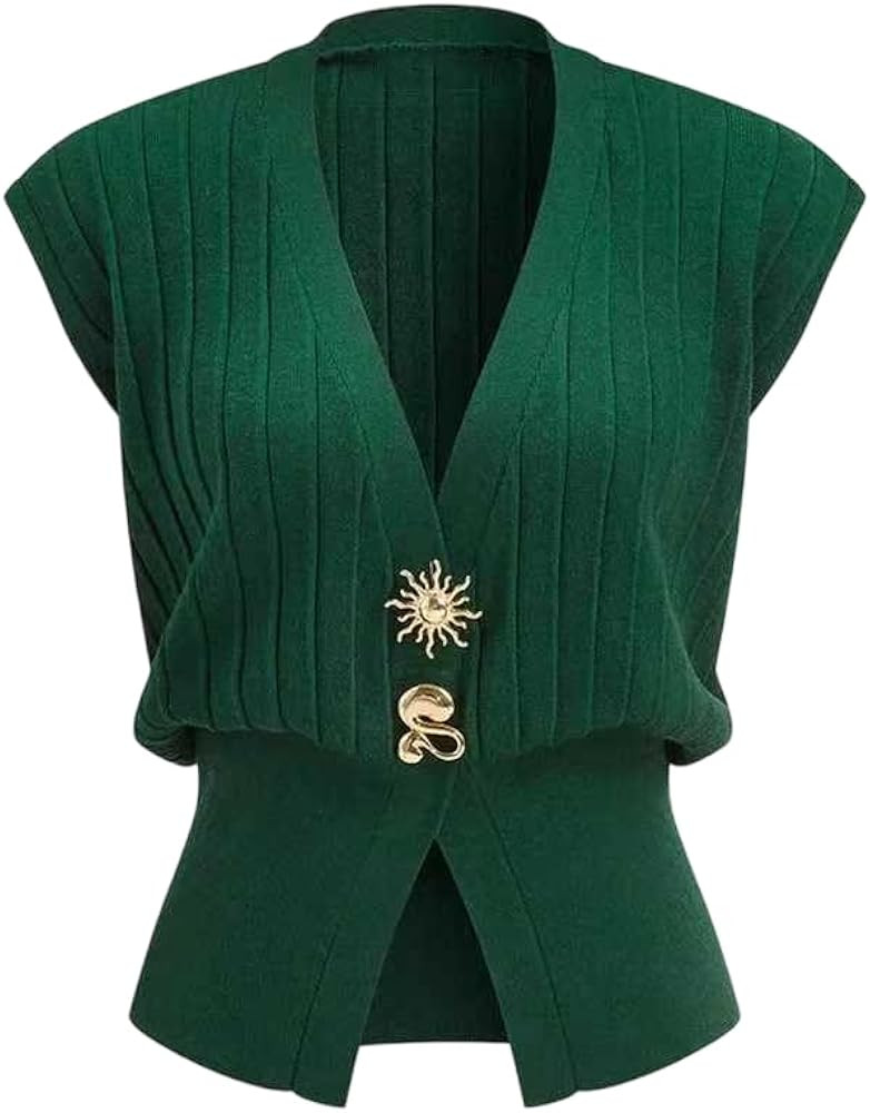 UOOZEE Women's Sleeveless V Neck Knitted Sweater Vest Christmas Festive Party Tops with Gold Butt... | Amazon (US)