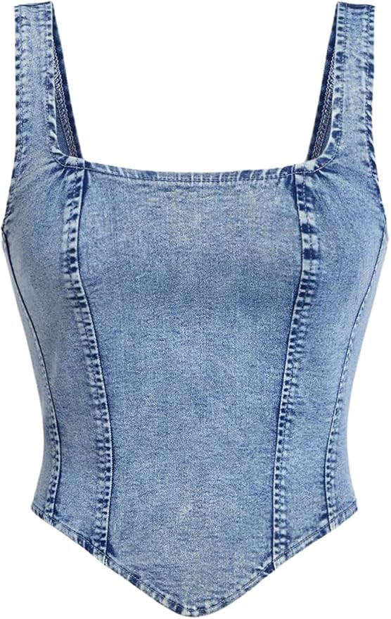 WDIRARA Women's Denim Corset Tank Top Asymmetrical Hem Crop Tops Sleeveless Zip Up Back Tanks | Amazon (US)