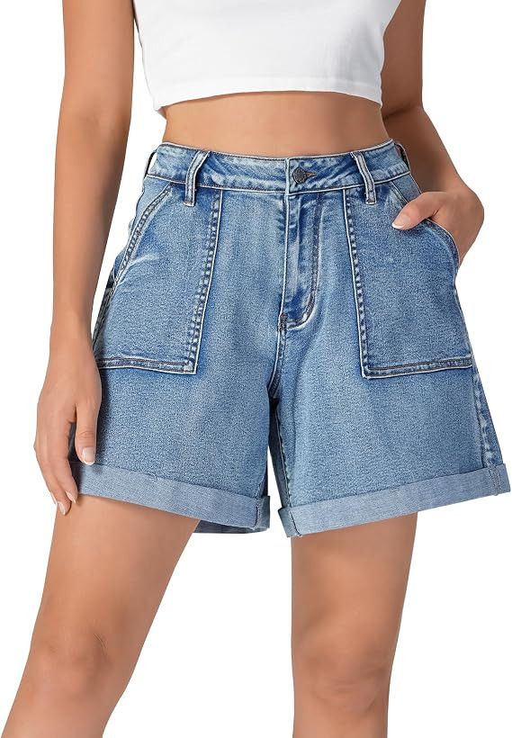 roswear Women's Jean Shorts Stretch Baggy with Cuffed Hem Large Pockets | Amazon (US)