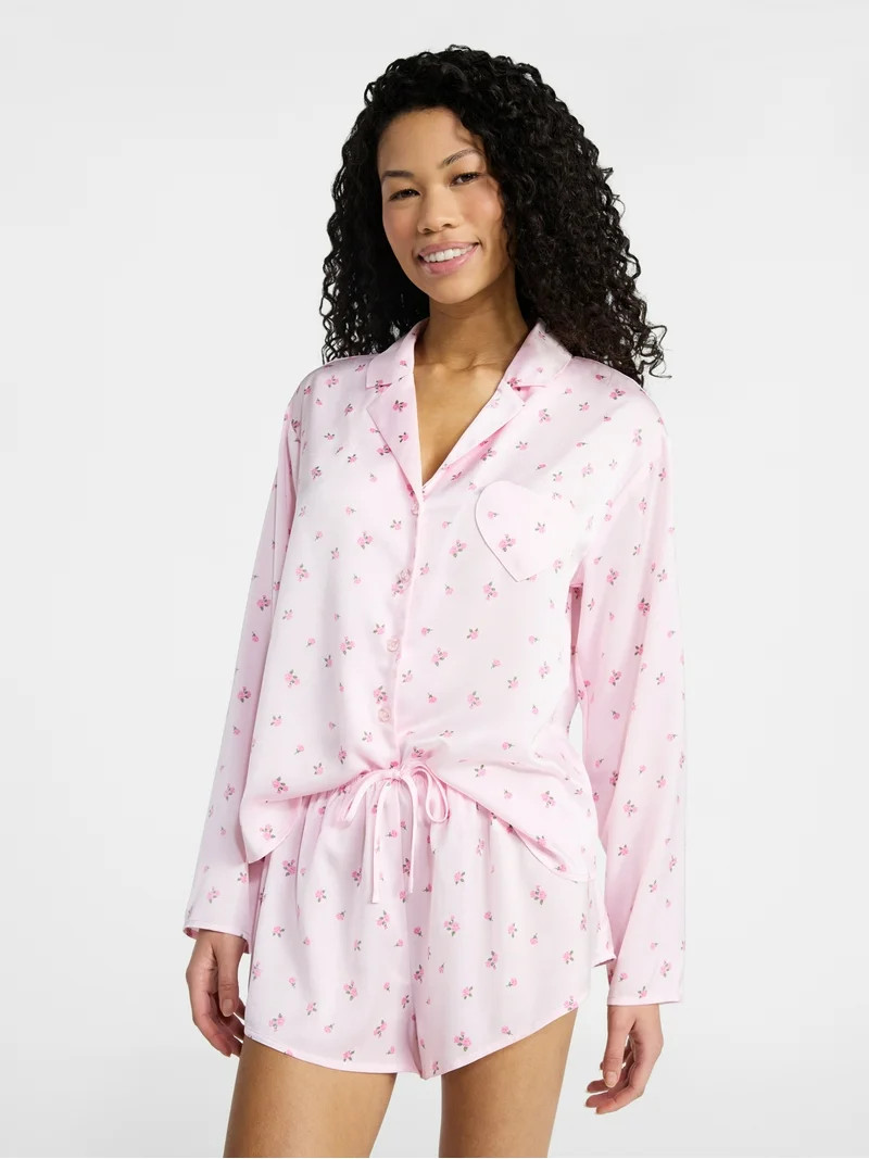No Boundaries Sleepwear Satin Long Sleeve Button-Up Top and Shorts Set, 2-Piece, Women’s XS-XXL | Walmart (US)