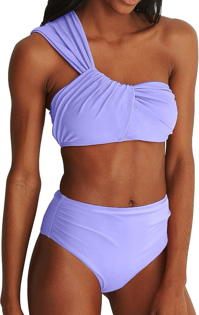 Women's One Shoulder Bikini Sets Ruched High Waisted Swimsuit Two Piece High Cut Cheeky Bathing S... | Amazon (US)