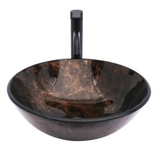 16-1/2 in Round Vessel Bathroom Sink in Brown Gold Glass with Black Pop-up Drain and Black Fauect | The Home Depot