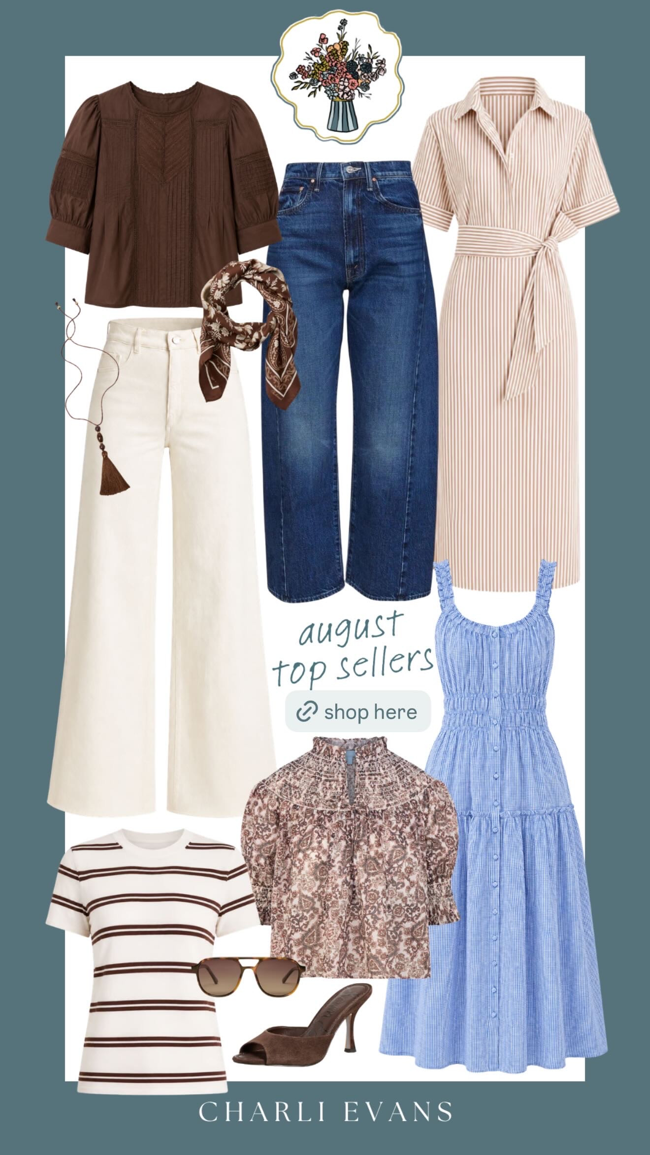 august top sellers! a mix of easy late-summer pieces + the first fall favorites y’all were loving most last month.

the ecru wide-leg jeans, striped shirtdress, printed tops, and chocolate brown pieces were especially popular, plus a few accessories that make the transition into fall feel a little more fun. such a good snapshot of what everyone is wearing right now.  

 #LTKSeasonal