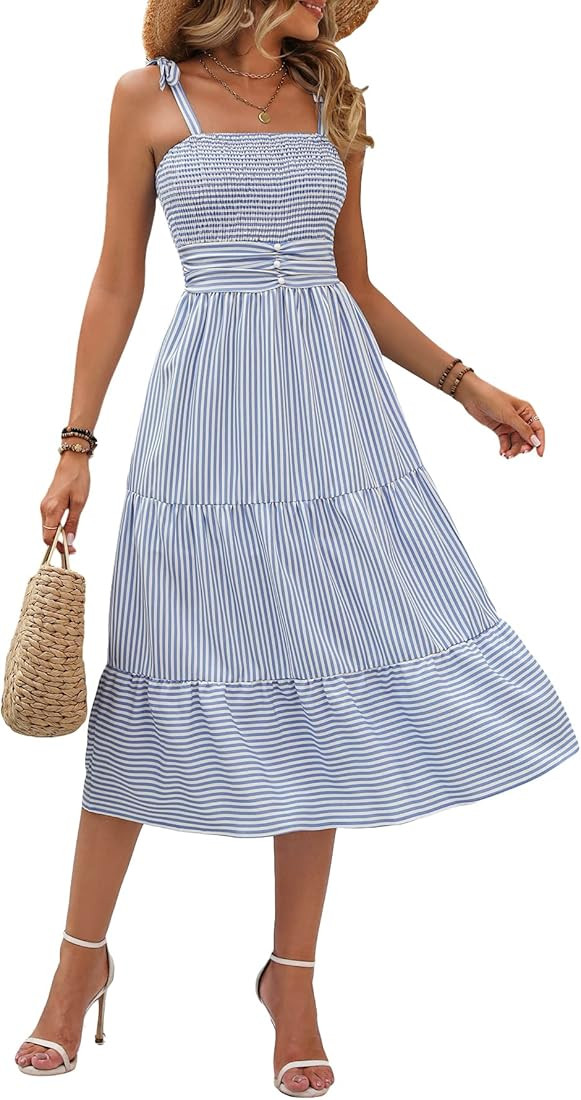 MakeMeChic Women's Striped Tie Shoulder Sleeveless A Line Ruffle Summer Long Dress | Amazon (US)