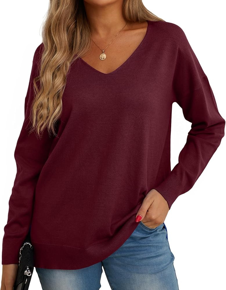 GRECERELLE Women's V-Neck Long Sleeve Side Split Loose Casual Knit Pullover Sweater Blouse | Amazon (US)
