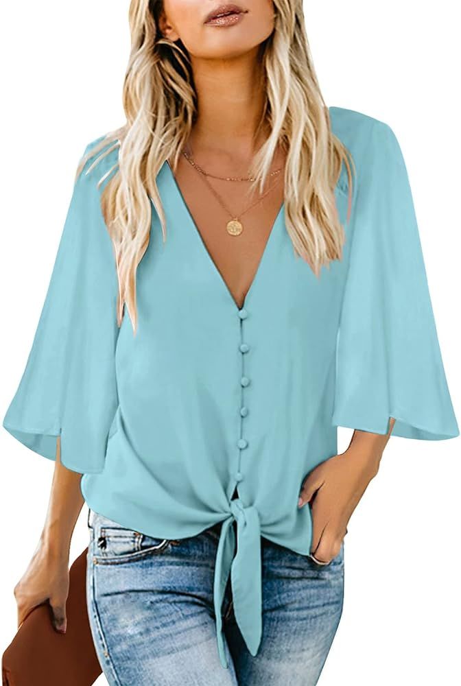 LookbookStore Women's V Neck Button Down Shirts 3/4 Bell Sleeve Tie Knot Blouse | Amazon (US)