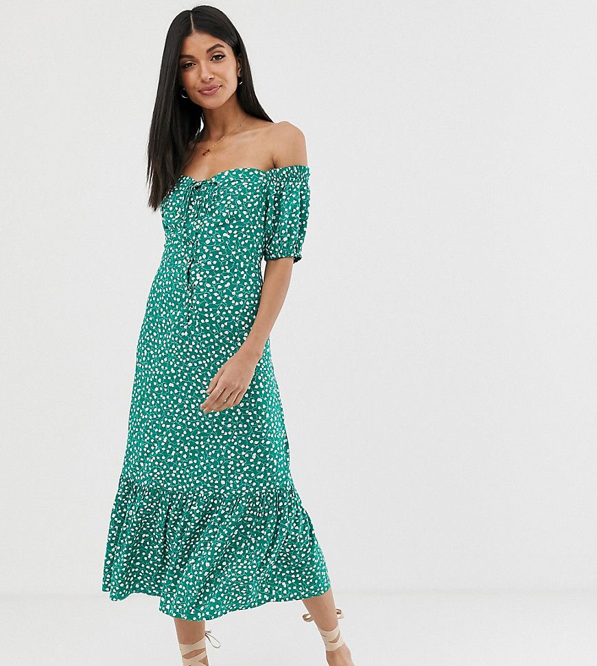 ASOS DESIGN Tall off shoulder midi dress with pephem in ditsy floral print-Green | ASOS (Global)