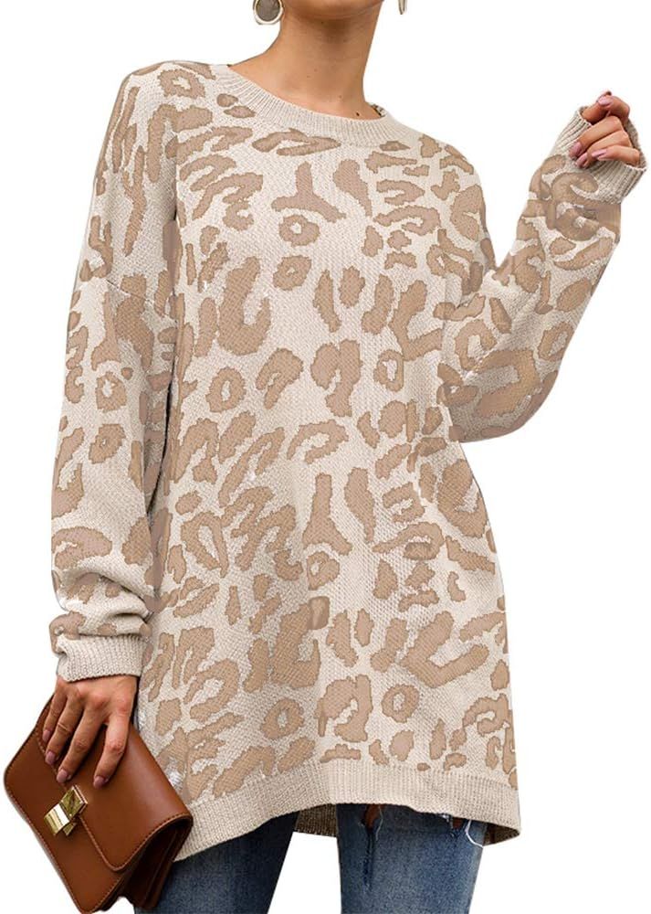 PRETTYGARDEN Women’s Casual Leopard Print Long Sleeve Crew Neck Oversized Pullover Knit Sweater... | Amazon (US)