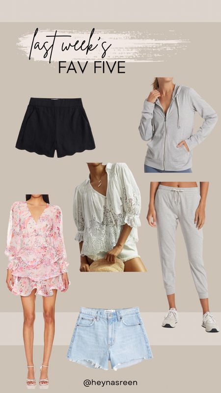 Fav 5: Abercrombie linen shorts, Vuori set, Anthropologie blouse, Abercrombie denim shorts, Revolve dress 