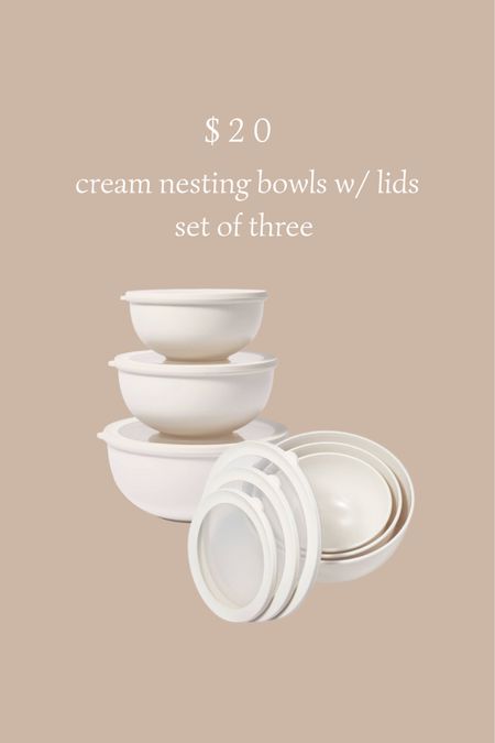 Set of three cream nesting, mixing, storage bowls with lids from Figmint, the new kitchen line at Target. Only $20! 